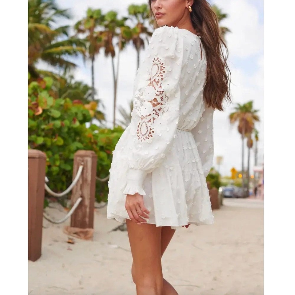 CAMI NYC Carolina Applique Crochet Long Sleeve Mini Dress